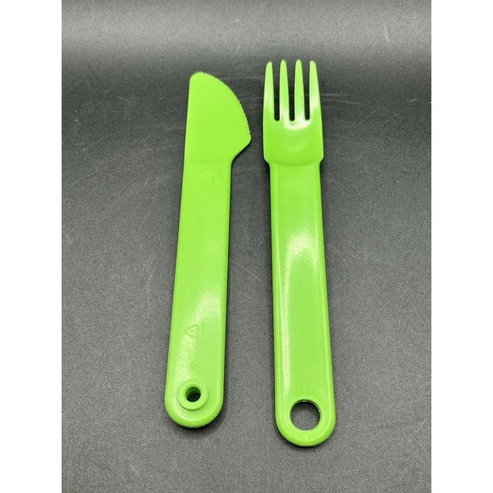 Tupperware Baby Child Kid Fork Knife Travel Feeding Utensils Set Verde Green Vtg